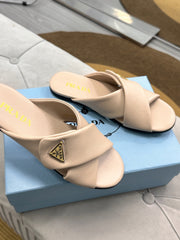 PRADA 25S SLIDE SANDALS IN BEIGE CALFSKIN LOGO