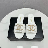 CC SLIDE SANDALS 25S IN WHITE FABRIC AND CALFSKIN WITH LOGO