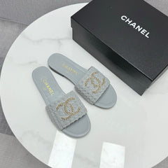 CC SLIDE SANDALS 25S IN DUSTY BLUE GREY FABRIC AND CALFSKIN WITH LOGO