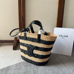 STRIPED COUFFIN CLASSIC PANIER 22 IN BEIGE AND BLACK RAFFIA AND CALFSKIN TRIM