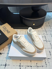 TRIOMPHE PLATFORM SNEAKERS IN WHITE AND BEIGE CALFSKIN EMBOSSED LOGO