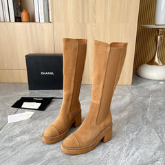 CHANEL 25S HIGH BOOTS STRETCHY SHAFT 85MM IN CARAMEL SUEDE GOLD HARDWRE