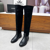 CHANEL 25S KNEE-HIGH BOOTS 35MM IN BLACK CALFSKIN AND SUEDE