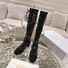 NAUGHTILY-D BOOT BLACK TRANSPARENT MESH AND SUEDE EMBROIDERED WITH ROSES MOTIF 35 MM