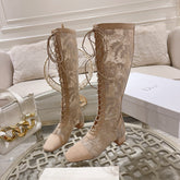 NAUGHTILY-D BOOT NUDE BEIGE TRANSPARENT MESH AND SUEDE EMBROIDERED WITH ROSES MOTIF 35 MM