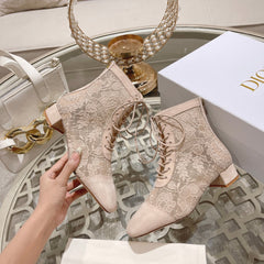 NAUGHTILY-D ANKLE BOOT NUDE BEIGE TRANSPARENT MESH AND SUEDE EMBROIDERED WITH ROSES MOTIF 35 MM