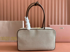 MIUMIU 25S BEAU CANVAS BAG 34 IN BEIGE CANVAS AND BROWN CALFSKIN