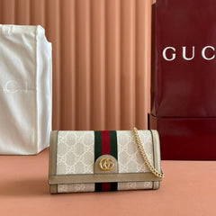 OPHIDIA WALLET ON CHAIN 19 IN BEIGE AND WHITE COATED FABRIC OATMEAL CALFSKIN