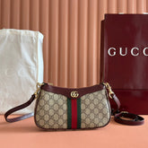 OPHIDIA SMALL SHOULDER BAG 26 IN BROWN CANVAS REDDISH BROWN LEATHER TRIM