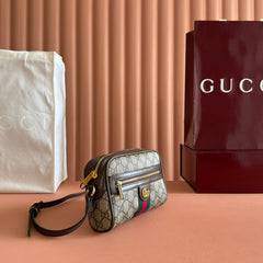 GUCCI 25S DESIGNER HANDBAG 18 IN BEIGE CANVAS AND BROWN CALFSKIN