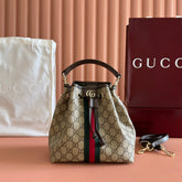 GUCCI 25S OPHIDIA SMALL BUCKET BAG 22 IN BEIGE CANVAS AND BROWN CALFSKIN