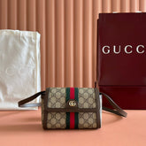 GUCCI 25S OPHIDIA BAG 18 IN BEIGE CANVAS AND BROWN CALFSKIN SILVER HARDWARE