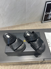 ALAIA CHUNKY TWO-STRAP SLIDES 25S IN BLACK CALFSKIN
