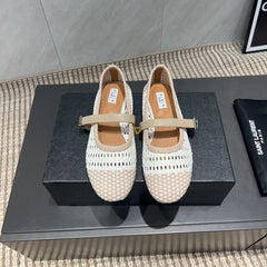 ALAIA MARY JANE FLATS WOVEN PATTERN 25S IN WHITE MIX LIGHT BEIGE CALFSKIN