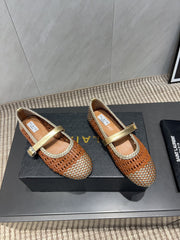 ALAIA MARY JANE FLATS WOVEN PATTERN 25S IN BROWN CALFSKIN