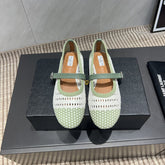 ALAIA MARY JANE FLATS WOVEN PATTERN 25S IN WHITE MIX PASTEL GREEN CALFSKIN