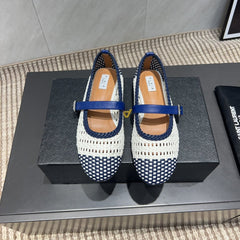 ALAIA MARY JANE FLATS WOVEN PATTERN 25S IN WHITE MIX NAVY BLUE CALFSKIN