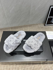 CHANEL 25S SLIPPERS IN LIGHT GRAY FUR
