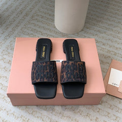 Women's Black Denim Slippers With Brown Straps