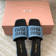 Women's Black Denim Slippers With Azure Blue Straps