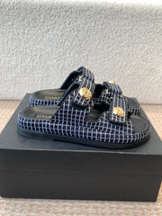 DAD SANDAL IN BLACK MIX WHITE DENIM FABRIC MULE