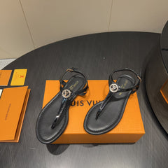 LV THONG SANDALS 25S IN BLACK CALFSKIN WITH GOLD HARDWARE