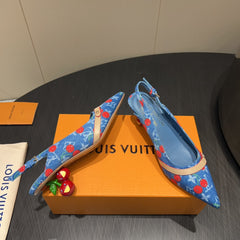 LV HIGH SLINGBACK LOGO AND CHERRY PRINT 25S 55MM IN BLUE DENIM