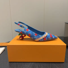 LV HIGH SLINGBACK LOGO AND CHERRY PRINT 25S 55MM IN BLUE DENIM