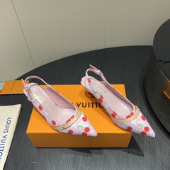 LV HIGH SLINGBACK LOGO AND CHERRY PRINT 25S 55MM IN LIGHT PINK DENIM