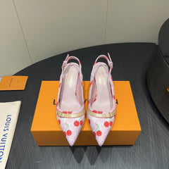 LV HIGH SLINGBACK LOGO AND CHERRY PRINT 25S 55MM IN LIGHT PINK DENIM