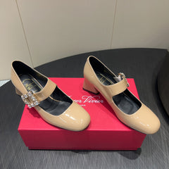 ROGER VIVIER 25S TRÈS VIVIER 50MM IN BEIGE CALFSKIN WITH RHINESTONE BUCKLE
