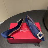 ROGER VIVIER 25S POINTED TOE HIGH HEELS 70MM IN DARK BLUE VELVET EMBELLISHED CRYSTALS