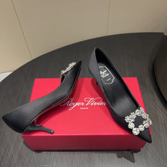 ROGER VIVIER 25S POINTED TOE HIGH HEELS 70MM IN BLACK SILK EMBELLISHED CRYSTALS