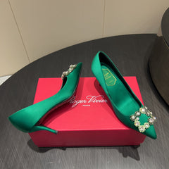 ROGER VIVIER 25S POINTED TOE HIGH HEELS 70MM IN TEAL GREEN SILK EMBELLISHED CRYSTALS
