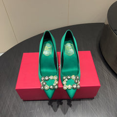 ROGER VIVIER 25S POINTED TOE HIGH HEELS 70MM IN TEAL GREEN SILK EMBELLISHED CRYSTALS