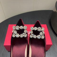 ROGER VIVIER 25S POINTED TOE HIGH HEELS 70MM IN WINE RED VELVET EMBELLISHED CRYSTALS