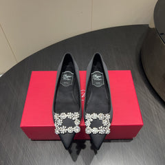 ROGER VIVIER 25S GRETE BALLET FLATS IN BLACK SILK WITH EMBELLISHED CRYSTALS
