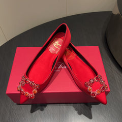 ROGER VIVIER 25S GRETE BALLET FLATS IN BRIGHT RED SILK WITH EMBELLISHED CRYSTALS