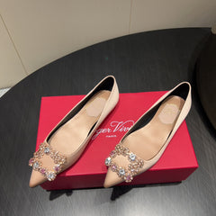 ROGER VIVIER 25S GRETE BALLET FLATS IN DARK NUDE SILK WITH EMBELLISHED CRYSTALS