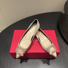 ROGER VIVIER 25S GRETE BALLET FLATS IN NUDE SILK WITH EMBELLISHED CRYSTALS