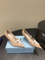 PRADA 25S POINTED TOE HIGH HEELS 85MM IN BEIGE LAMBSKIN WITH TIE UP DESIGN