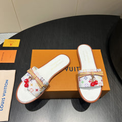 LV SLIDE SANDALS LOGO PRINT 25S IN WHITE CALFSKIN WITH CHERRY BLOSSOM BUCKLE