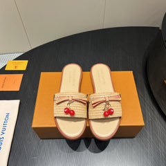 LV SLIDE SANDALS 25S IN BEIGE RAFFIA AND CALFSKIN WITH CHERRY BLOSSOM BUCKLE
