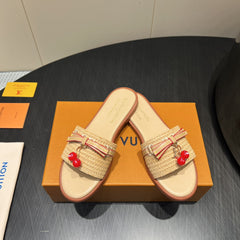 LV SLIDE SANDALS 25S IN BEIGE RAFFIA AND CALFSKIN WITH CHERRY BLOSSOM BUCKLE