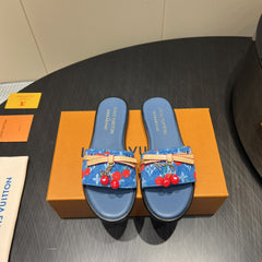 LV SLIDE SANDALS 25S IN DARK BLUE DENIM AND CALFSKIN WITH CHERRY BLOSSOM BUCKLE
