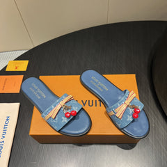 LV SLIDE SANDALS 25S IN BLUE DENIM AND CALFSKIN WITH CHERRY BLOSSOM BUCKLE