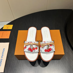 LV SLIDE SANDALS 25S IN WHITE DENIM AND CALFSKIN WITH CHERRY BLOSSOM BUCKLE
