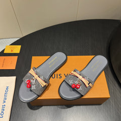 LV SLIDE SANDALS 25S IN DARK GREY DENIM AND CALFSKIN WITH CHERRY BLOSSOM BUCKLE