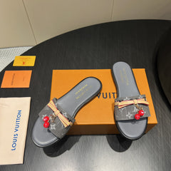 LV SLIDE SANDALS 25S IN DARK GREY DENIM AND CALFSKIN WITH CHERRY BLOSSOM BUCKLE