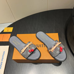 LV SLIDE SANDALS 25S IN DARK GREY DENIM AND CALFSKIN WITH CHERRY BLOSSOM BUCKLE